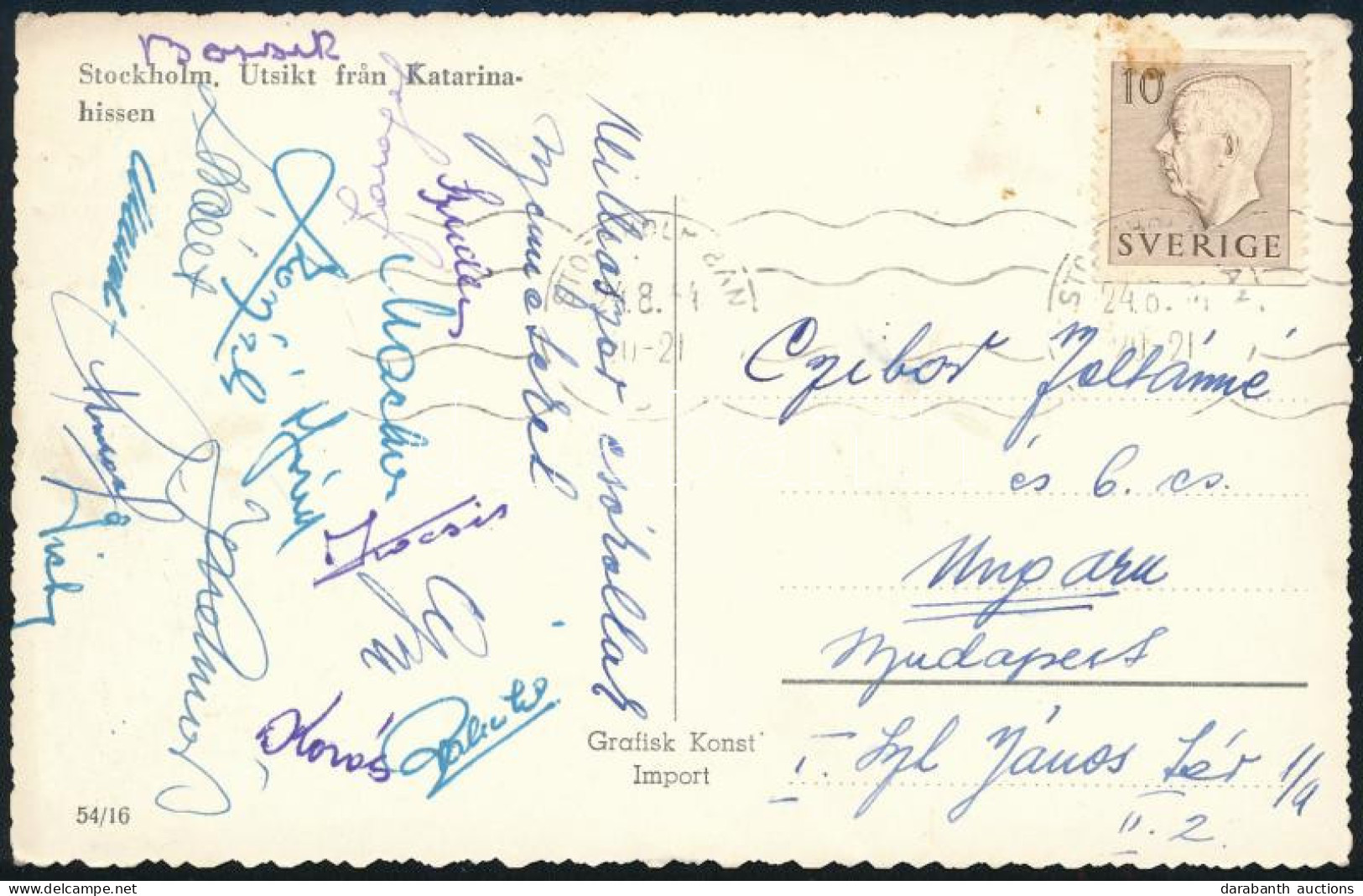 1954 A Magyar Aranycsapat Tagjainak Aláírása Képeslapon A Stockholmból Kocsis Sándor, Puskás Ferenc, Bozsik, Lóránt Buzá - Other & Unclassified