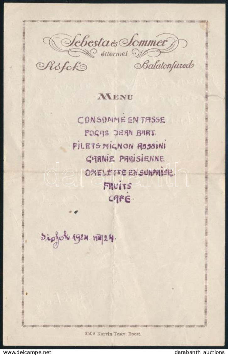 1924 Sebesta és Sommer Siófoki éttermének Menükártyája, 1924. VIII. 24., A Hátoldalán Ceruzás Aláírásokkal, Bejegyzéssel - Reclame