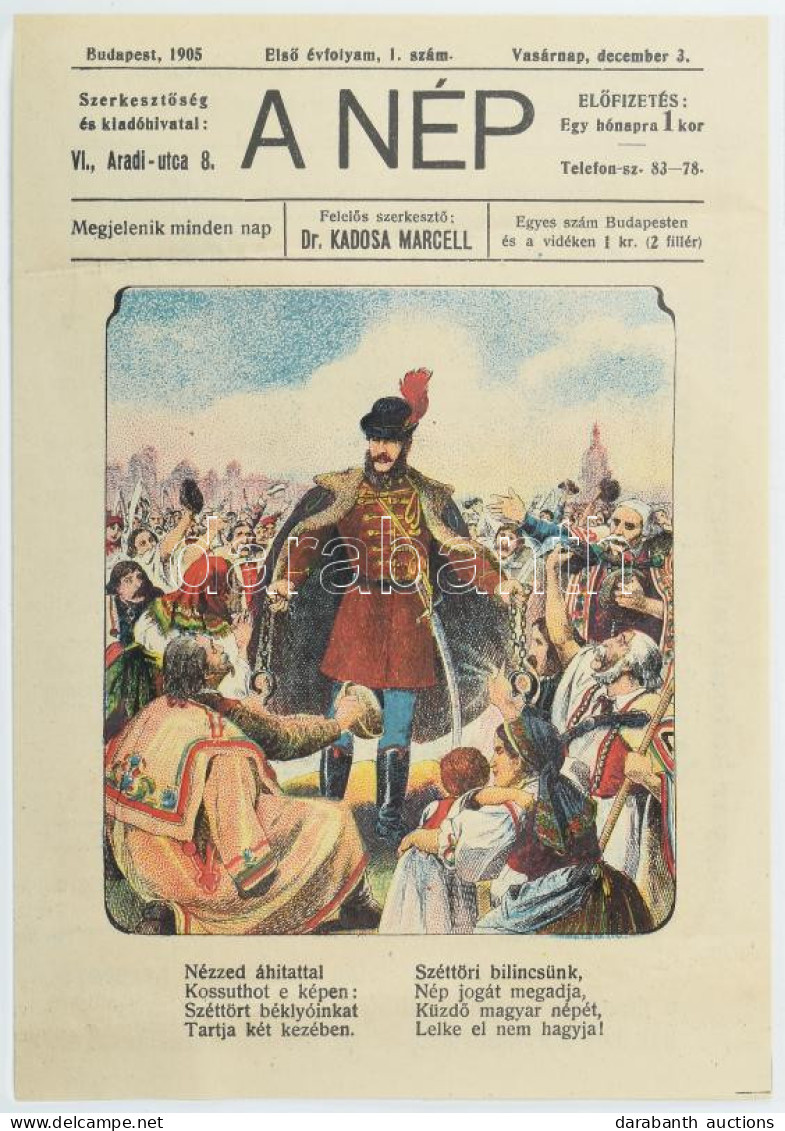 1905 A Nép C. Induló újság Litho Reklám Nyomtatvány A Címlapon Kossuth Lajossal 12x17 Cm - Publicités