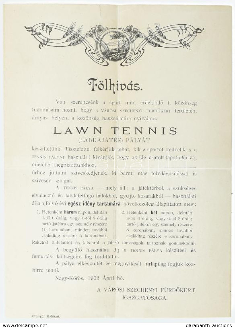 1902 A Nagykőrösi Széchenyi Kertben Megnyitott Lawn-tennis Pálya Bemutatkozó Felhívása. 4 P Hajtva - Publicidad