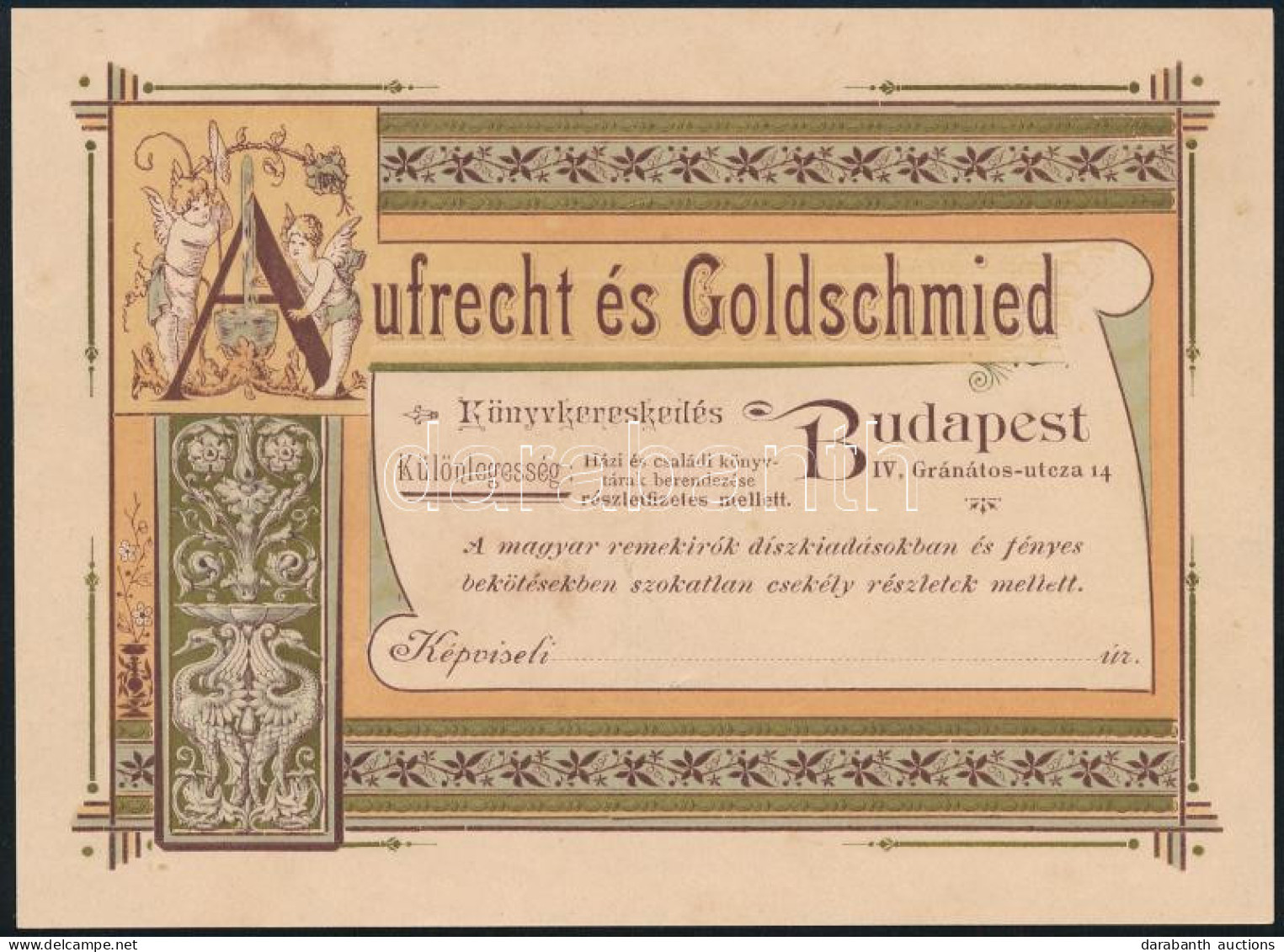 Aufrecht és Goldschmied Könyvkereskedés Budapest Reklámcédula - Publicidad