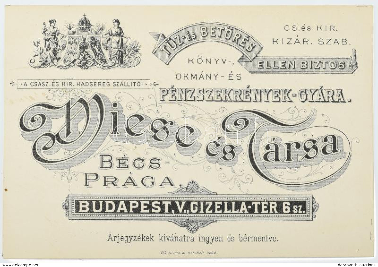 Cca 1890 Wiese és Társa Páncélszerkény-gyára Reklám Kártya 14x10 Cm - Publicités