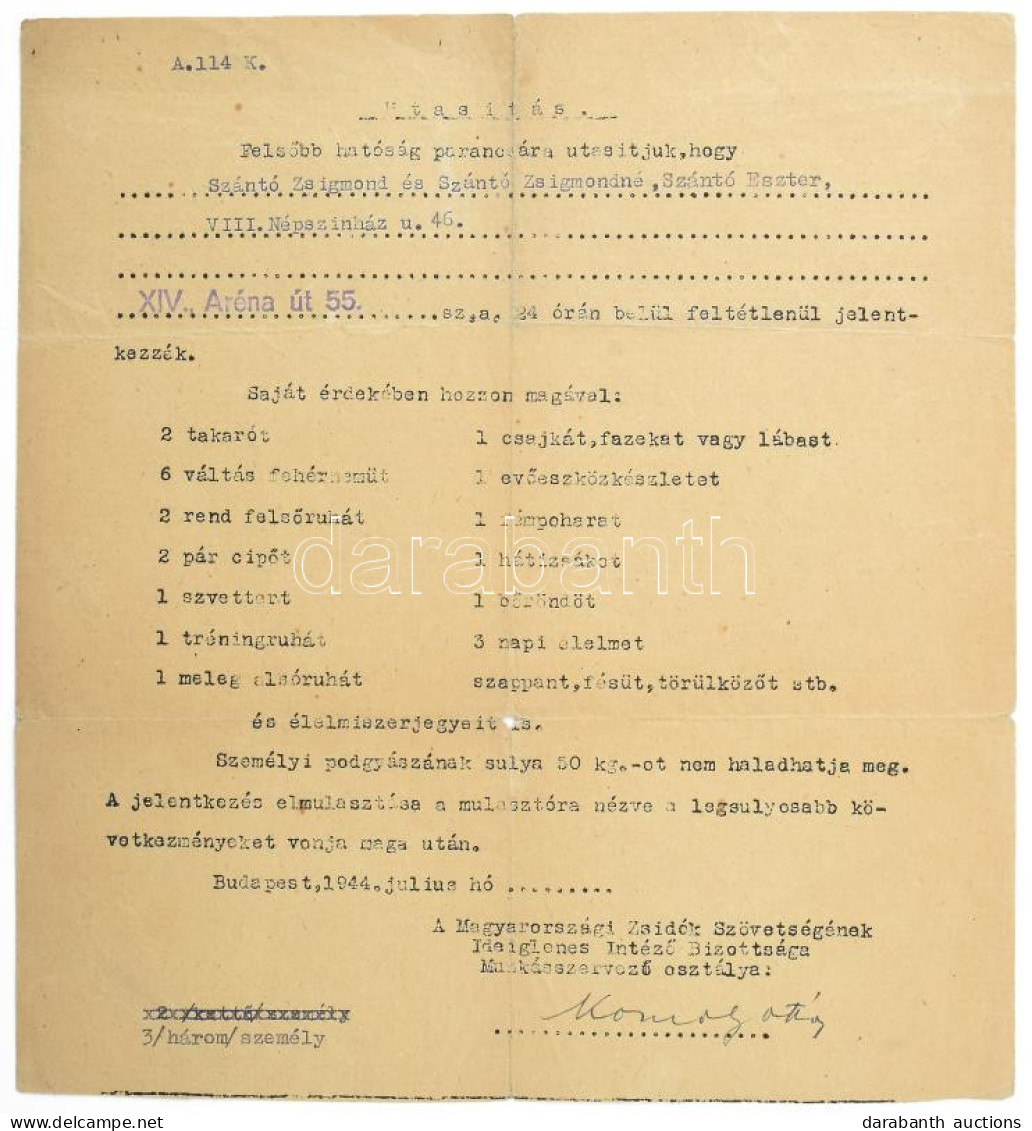 1944 Magyarországi Zsidók Szövetségének Ideiglenes Intéző Bizottsága Munkásszervező Osztálya Utasítása A XIV. Ker Aréna  - Other & Unclassified