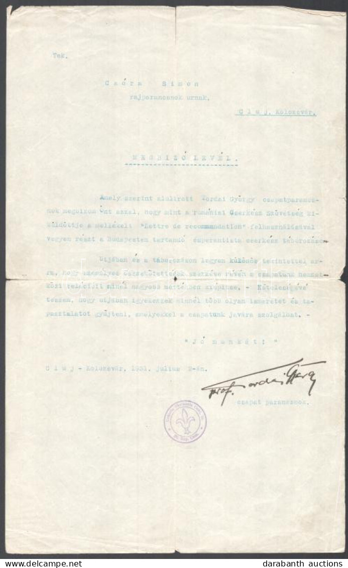 1931 Cluj/Kolozsvár, A Romániai Cserkész Szövetség Nevében, Prof. Tordai György Csapatparancsnok Kiállított Megbízólevel - Movimiento Scout