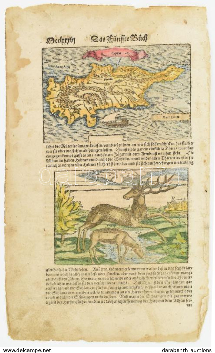 1562 Ciprus Színezett Fametszetű Térképe állatábrázolással. Megjelent: Sebastian Münster: Cosmographie...30 X 22,5 Cm /  - Otros & Sin Clasificación