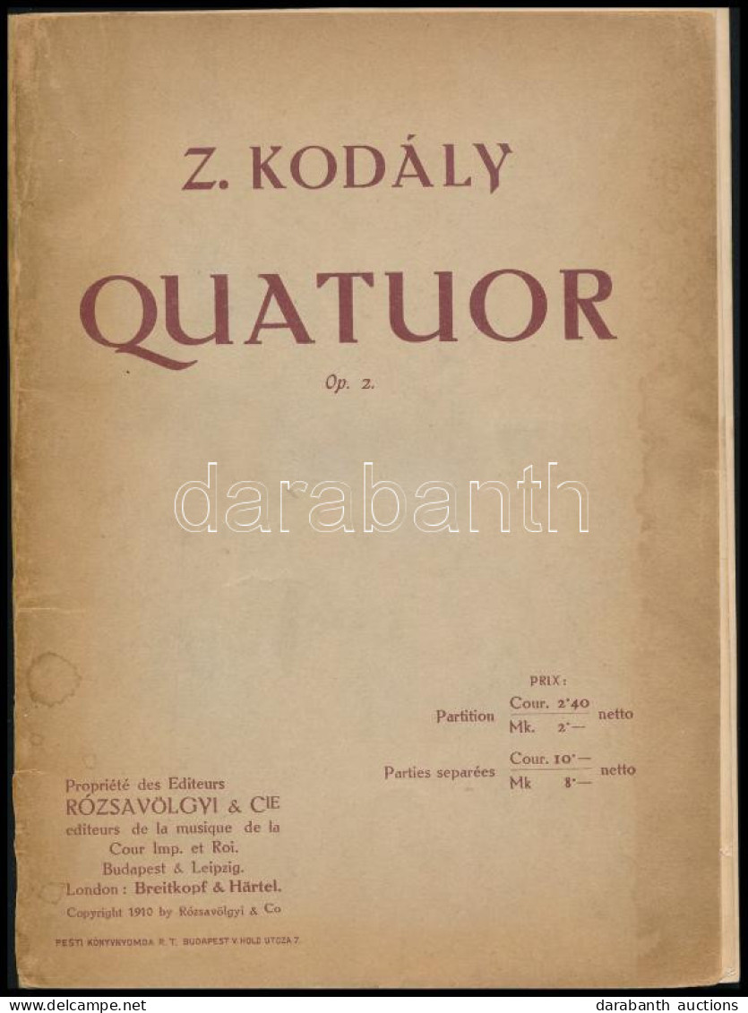 Kodály Zoltán: Quatuor. Op. 2. (Aláírt Példány!) Bp., 1910, Rózsavölgyi, 53 P. Első Kiadás. Kiadói Papírkötés, Kissé Fol - Autres & Non Classés