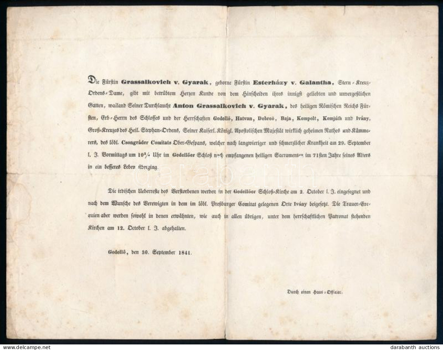 1841 Herceg Grassalkovich Antal (1771-1841) Birodalmi Herceg, Királyi Kamarás, Aranygyapjas Vitéz, Csongrád Vármegye Fői - Non Classificati