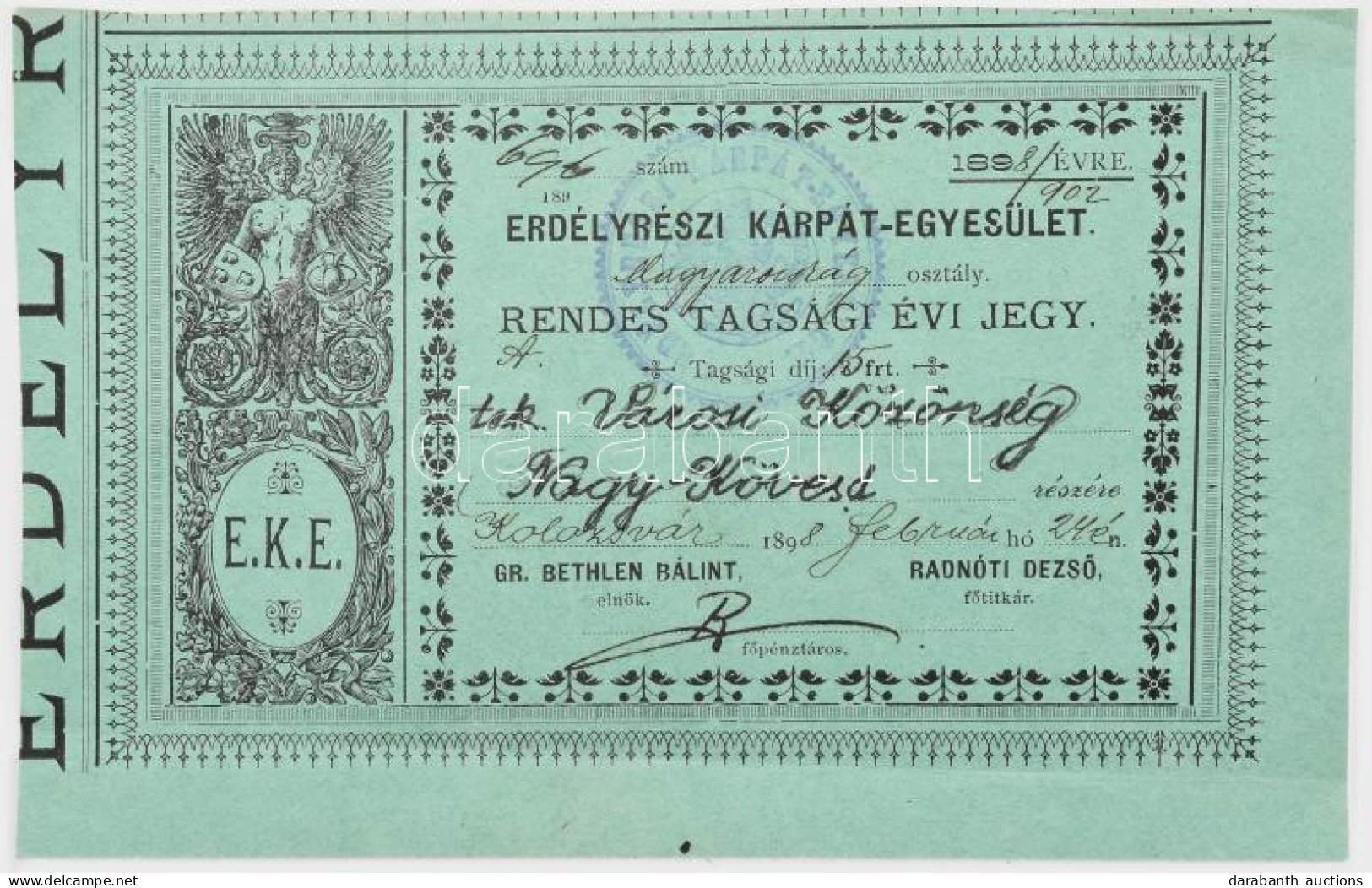 1898 Az Erdélyrészi Kárpát Egyesület Rendes Tagsági évi Jegy Nagy-Kövesd Város Részére - Non Classificati