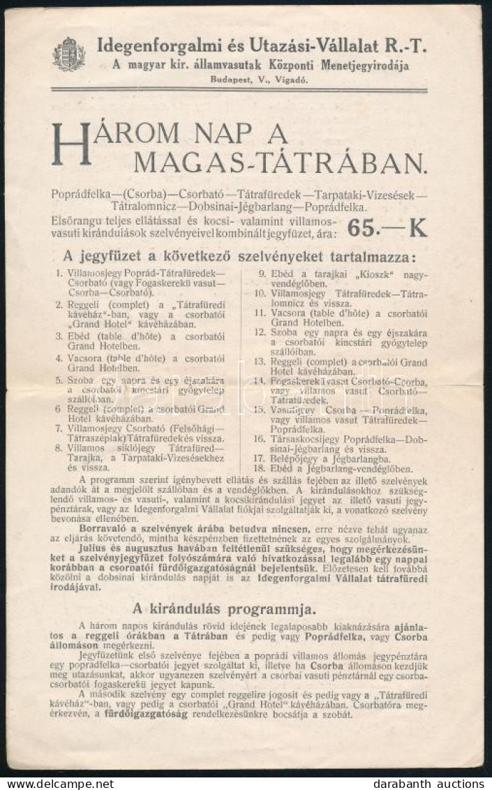 Cca 1910 Az Idegenforgalmi és Utazási Vállalat Rt. Szórólapja, Rajta Háromnapos úttal A Magas-Tátrába - Sin Clasificación