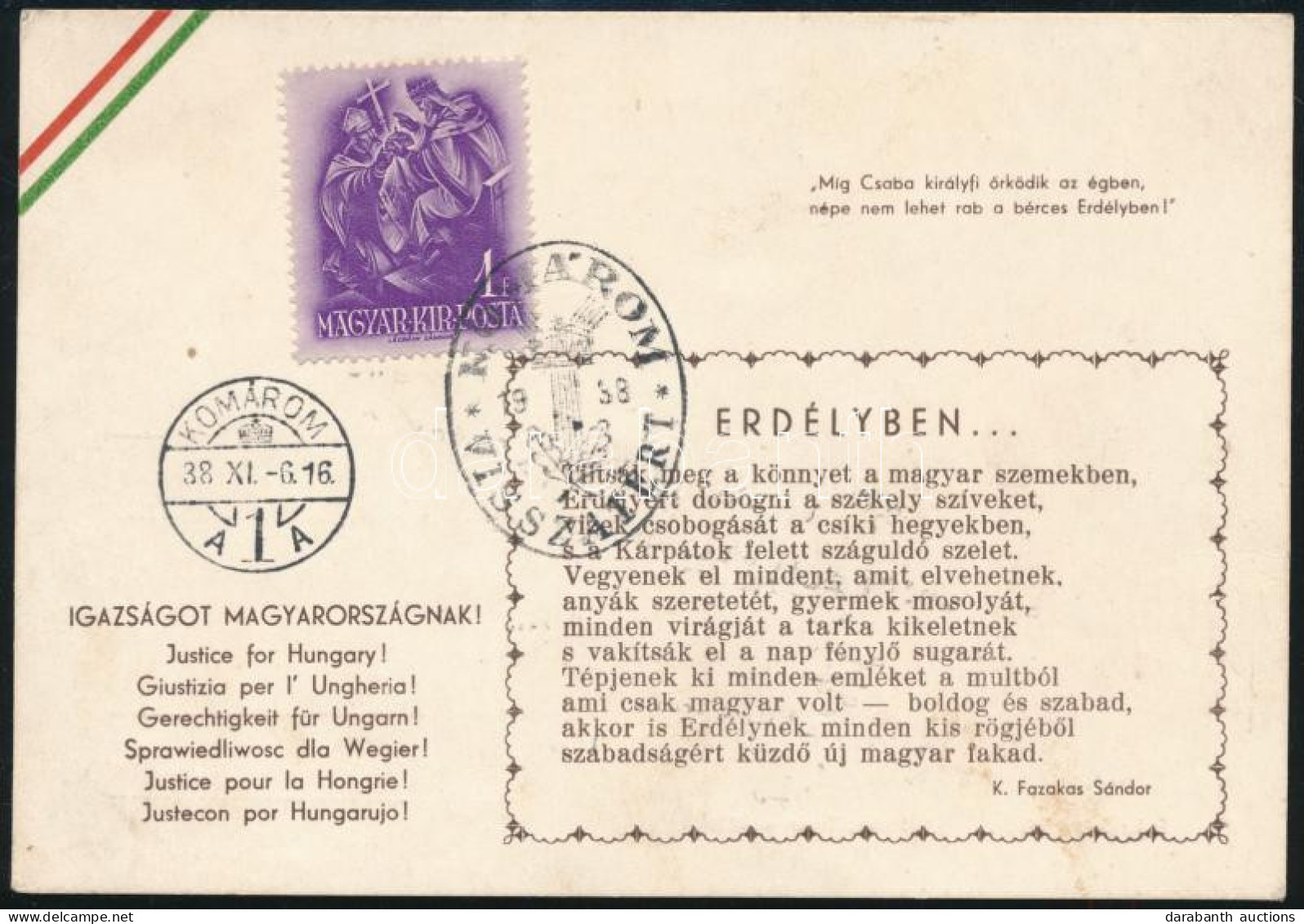 1938 Irredenta Levelezőlap Igazságot Magyarországnak és Erdélyben C. Versekkel - Unclassified