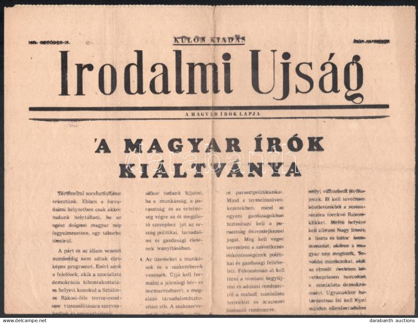 1956. Október 24. Az Irodalmi Újság Különkiadása, Benne A Magyar írók Kiáltványa - Non Classés