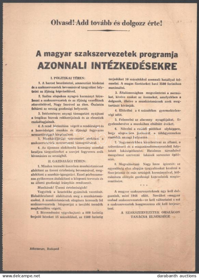 1956 "A Magyar Szakszervezetek Programja Azonnali Intézkedésekre", Kiadja: A Szakszervezetek Országos Tanácsa Elnöksége, - Non Classificati