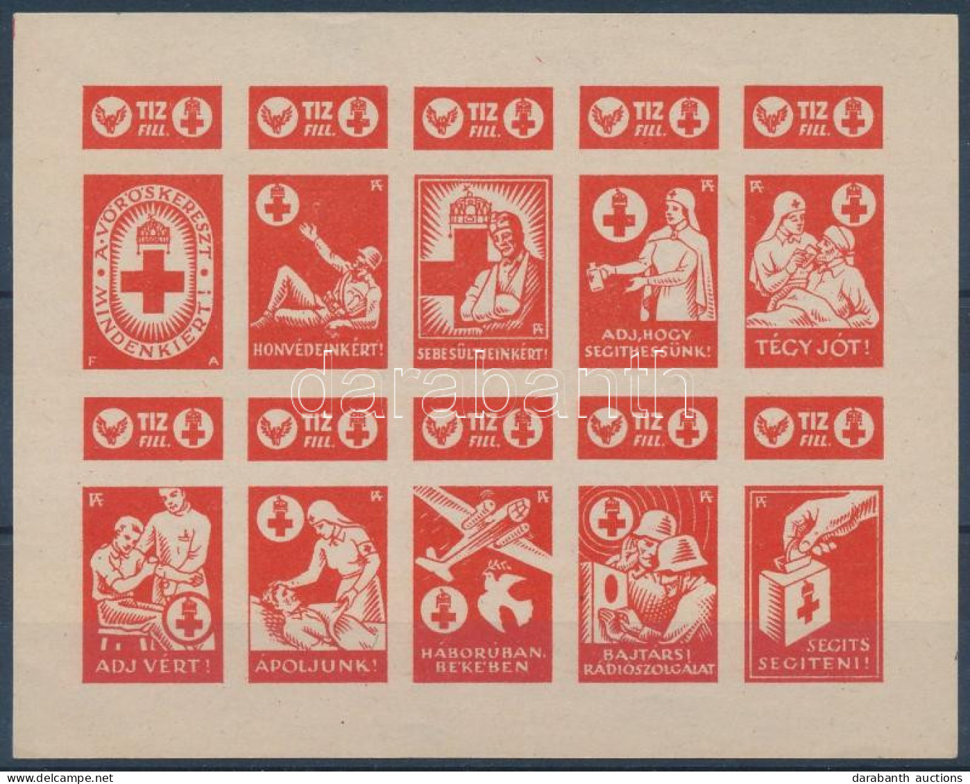 ~1942 Vöröskereszt 10f Vágott Adománybélyeg 10-es Kisívben / Hungarian Imperforated Charity Stamp In Mini Sheet Of 10 - Non Classés