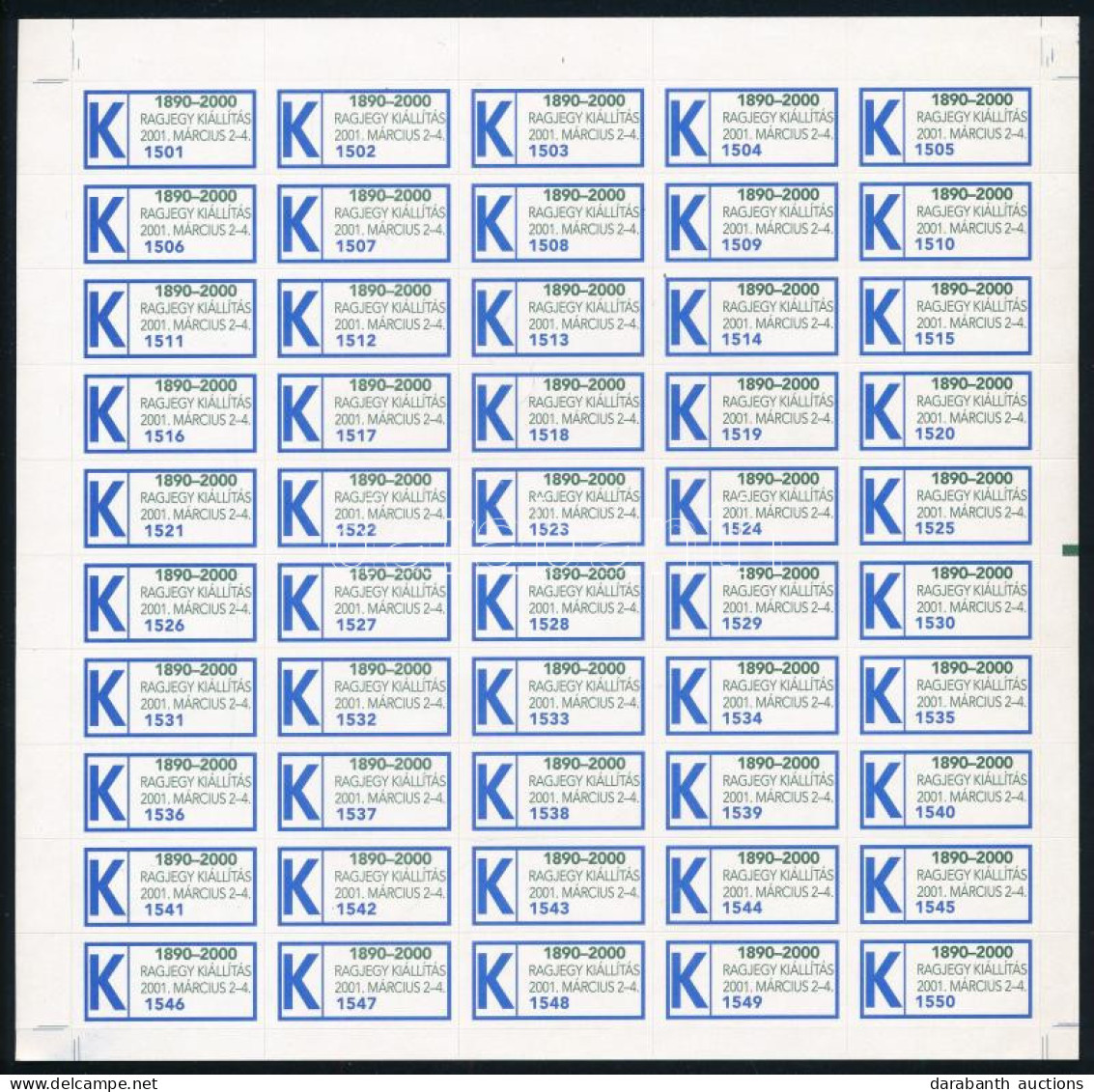 2001 1890-2000 Ragjegy Kiállítás Alkalmi "K" Ragjegy Teljes ívben / Complate Sheet Of Label - Unclassified