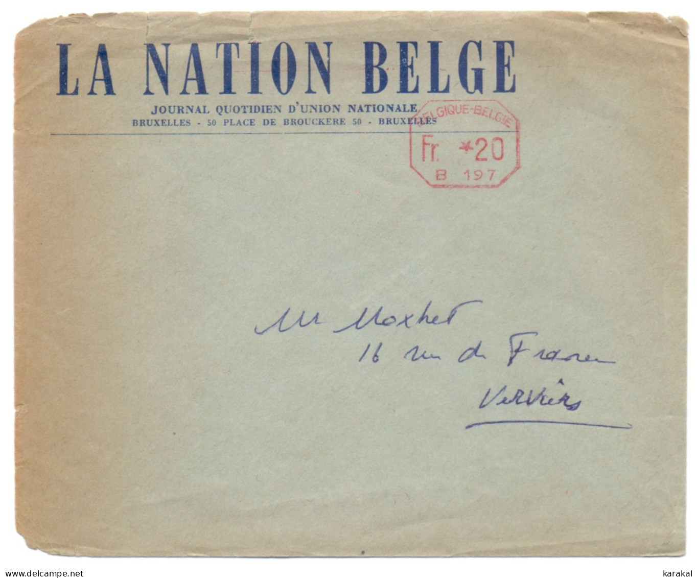 Belgique EMA B197 Journal La Nation Belge De Bruxelles Vers Verviers - ...-1959