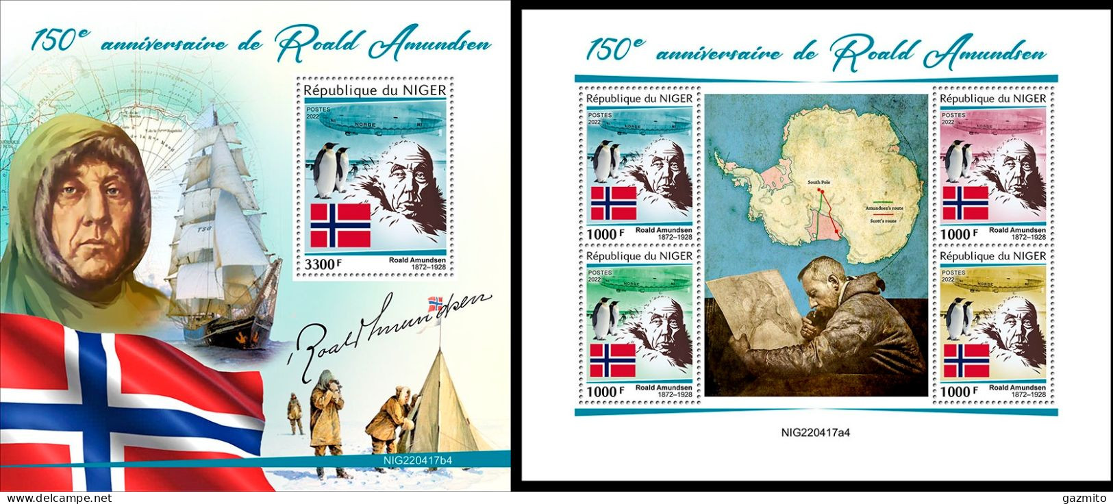 Niger 2022, Explorers, Amundsen IV, 4val In BF+BF - Polar Explorers & Famous People