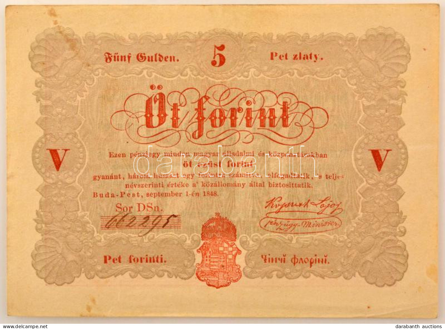 1848. 5Ft "Kossuth Bankó" Vörösesbarna Nyomat, Nyomdai Papírráncokkal T:XF Fo. / Hungary 1848. 5 Forint "Kossuth Banknot - Non Classés