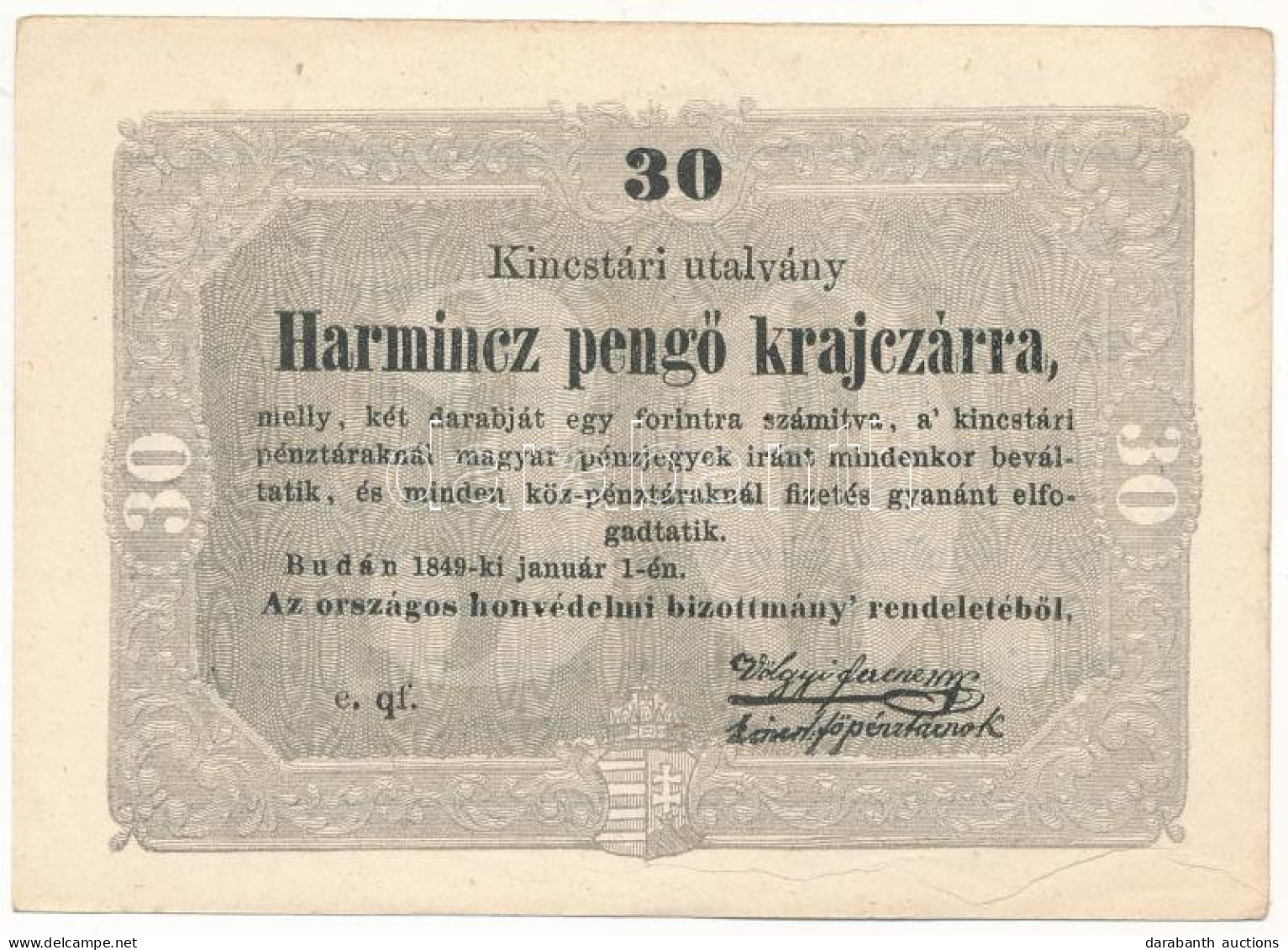 1849. 30kr "Kossuth Bankó" Hátoldalon 1901-ből Származó Kézírásos Megjegyzéssel, Nyomdai Papírránccal T:AU / Hungary 184 - Non Classés