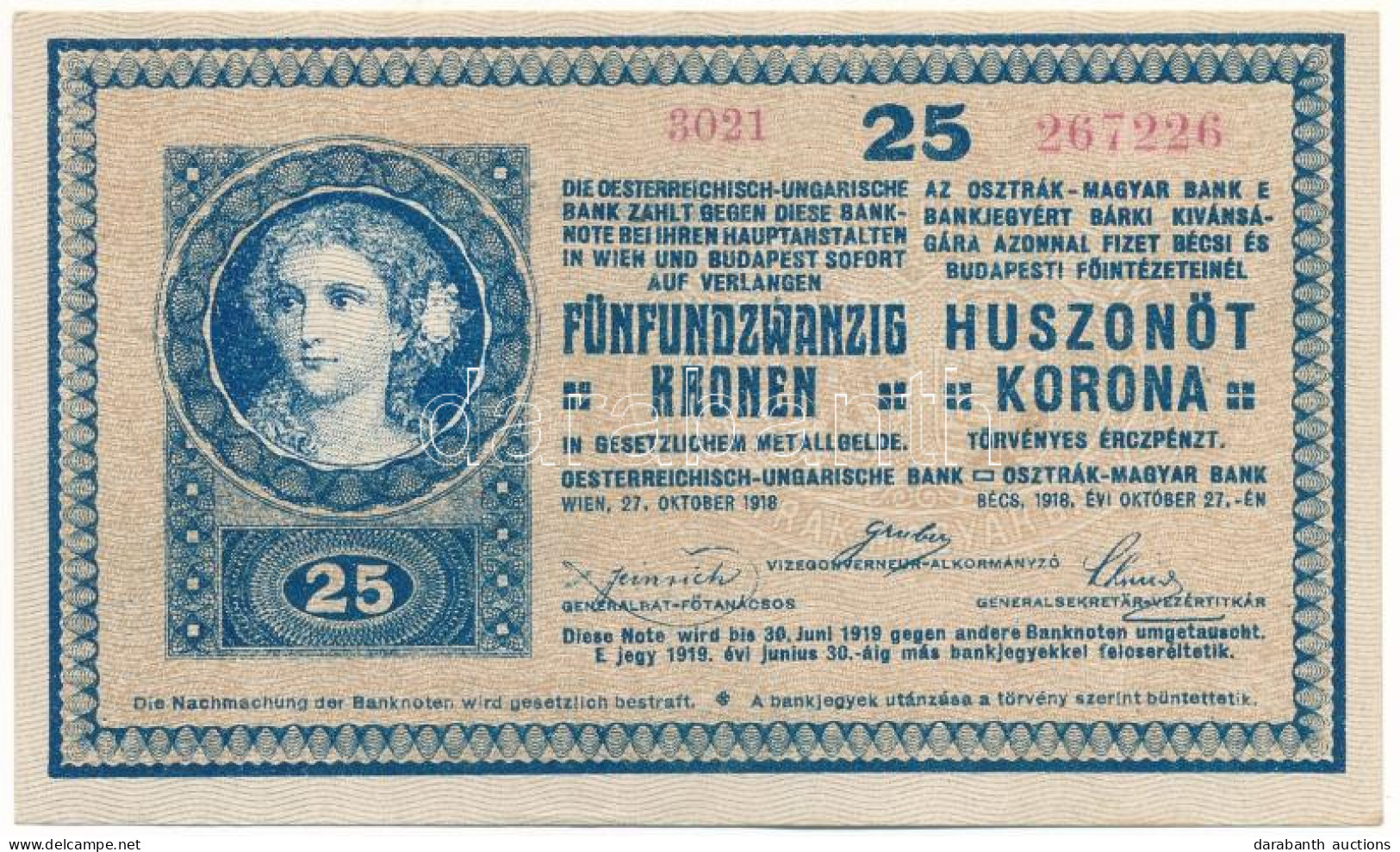 1918. 25K Hullámos Hátlap "3021" Eltérő Méretű Sorozat és Sorszám T:XF / Hungary 1918. 25 Korona "3021" Different Size I - Non Classificati