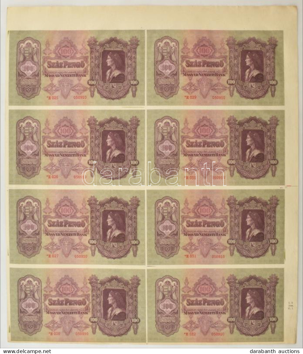 1930. 100P 8db-os Vágatlan MINTA ÍV, "SB 1944. VI. 7." Dátummal, Látható Illesztőkerettel. A Bankjegyek Mind "050910" So - Ohne Zuordnung