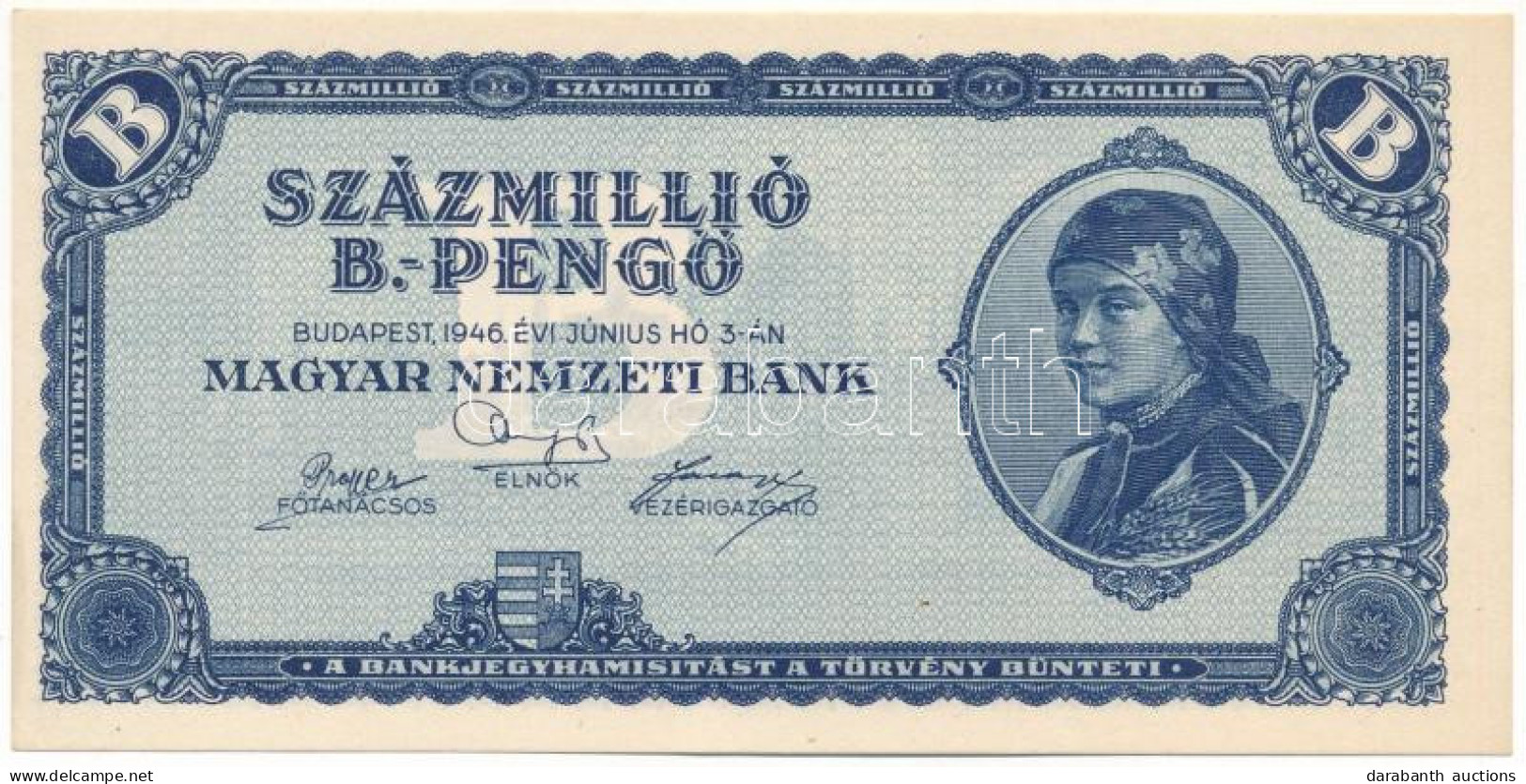 1946. 100.000.000BP T:UNC,AU / Hungary 1946. 100.000.000 B-Pengő C:UNC,AU Adamo P39 - Ohne Zuordnung