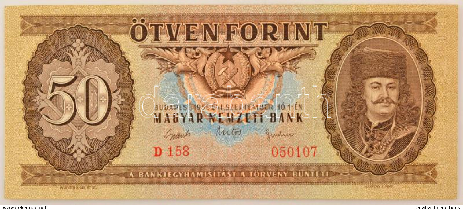 1951. 50Ft "D 158 050107" T:F Szép Papír / Hungary 1951. 50 Forint "D 158 050107" C:F Nice Paper Adamo F18, Krause P#167 - Ohne Zuordnung