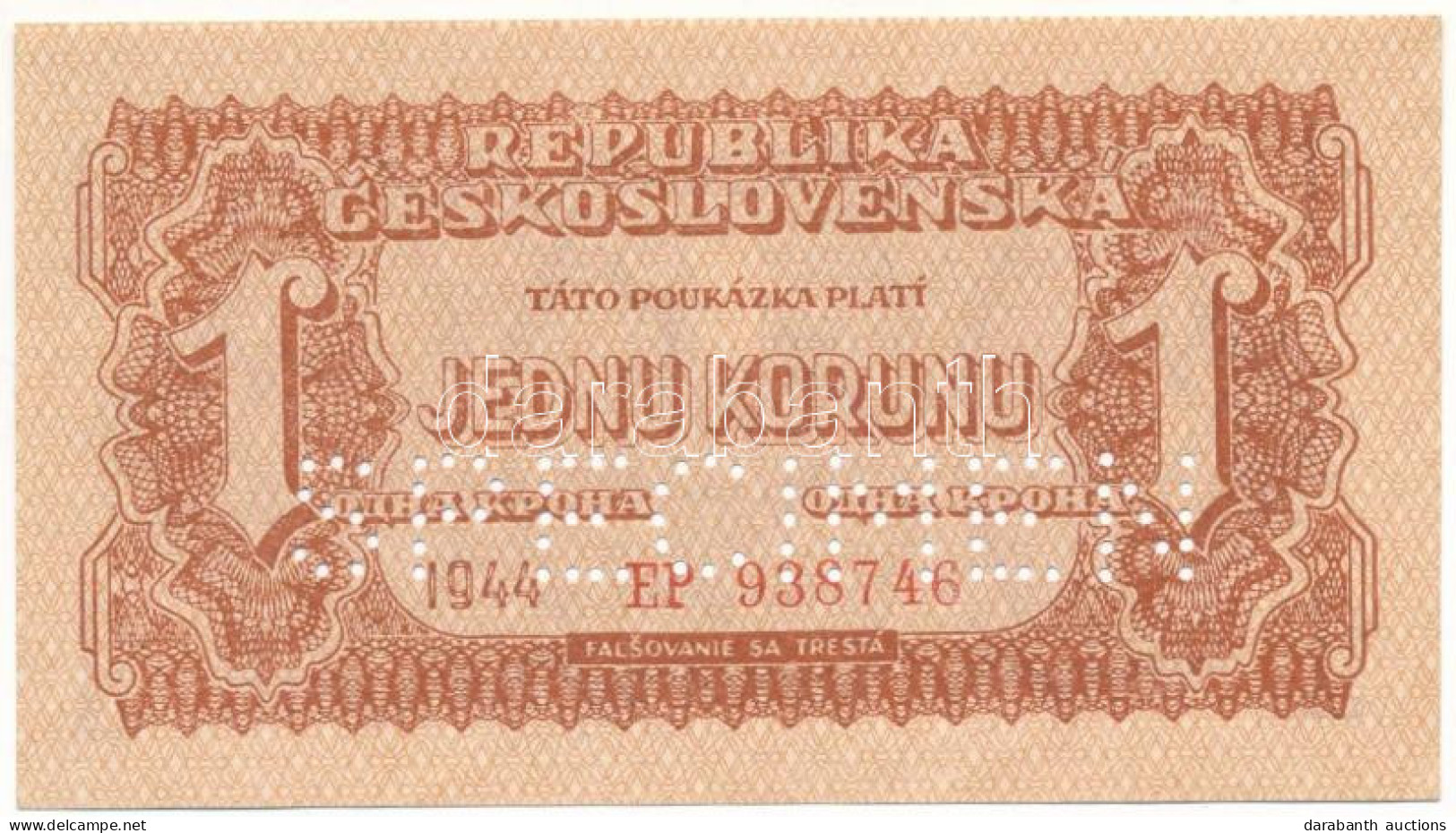 Csehszlovákia 1944. 1K "EP 938746", "SPECIMEN (MINTA)" Perforációval T:UNC,AU / Czechoslovakia 1944. 1 Koruna "EP 938746 - Unclassified