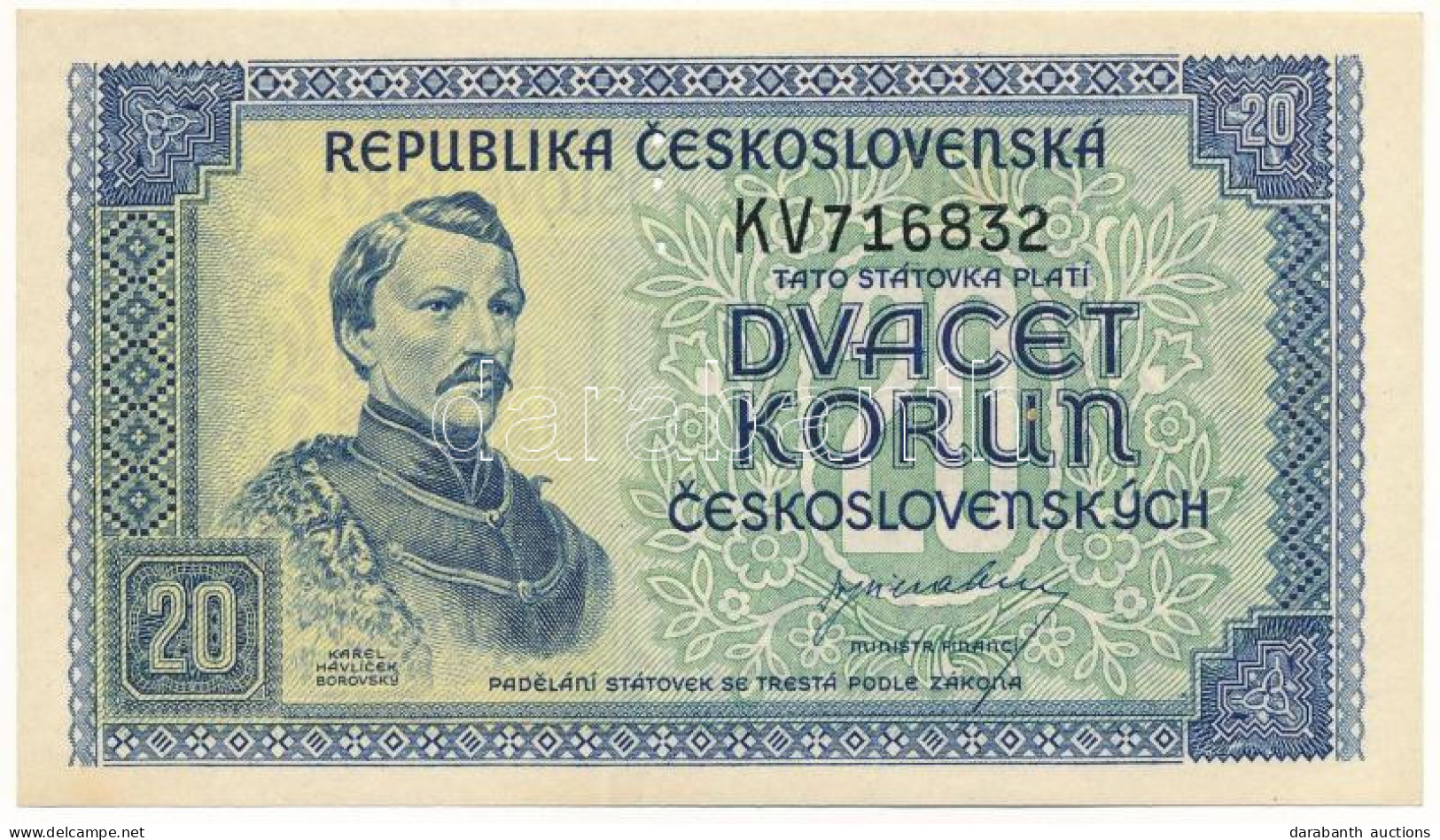 Csehszlovákia 1945. 20K Három Perforált Lyuk, "KV716832" T:AU / Czechoslovakia 1945. 20 Korun Perforated With 3 Holes, " - Non Classificati