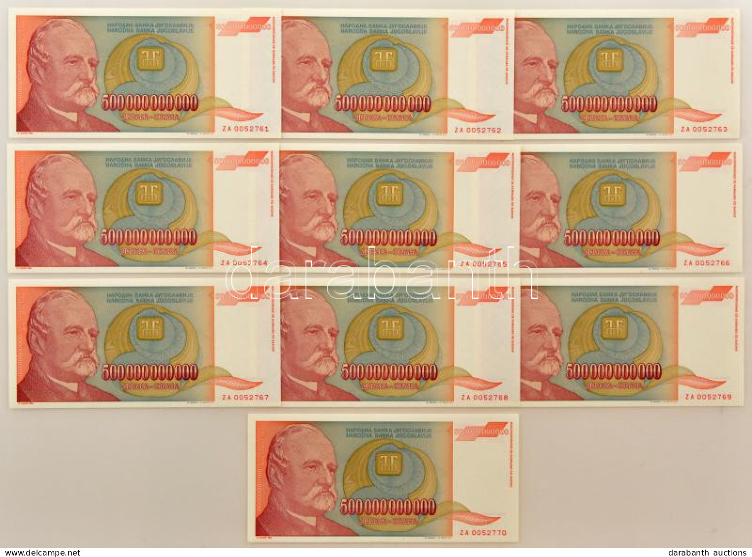 Jugoszlávia 1993. 500.000.000.000D (10x) Pótkiadás "ZA", Sorszámkövetők "ZA 0052761 - ZA 0052770" T:UNC / Yugoslavia 199 - Non Classés