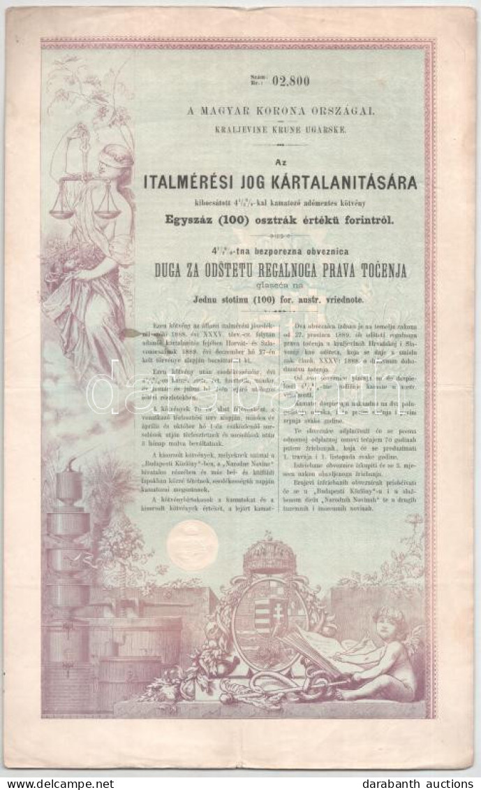 Budapest 1890. "Italmérési Jog Kártalanítására Kibocsátott 4 1/2%-al Kamatozó Adómentes Kötvény" Kötvény 100Ft-ról, Szár - Non Classés