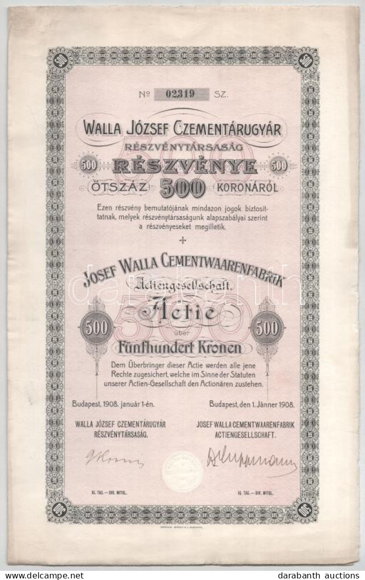 Budapest 1908. "Walla József Czementárugyár Részvénytársaság" Részvénye 500K-ról Szárazpecséttel, Szelvényekkel T:AU / H - Zonder Classificatie