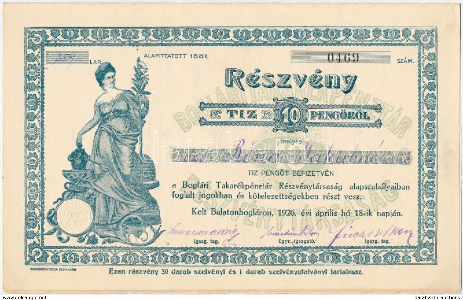 Balatonboglár 1926. "Boglári Takarékpénztár Részvénytársaság" Részvénye 10P-ről Szelvényekkel, Szárazpecséttel T:AU / Hu - Non Classés