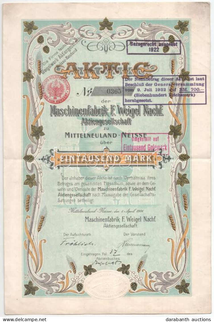 Német Birodalom / Mittelneuland-Neisse 1901. "Mittelneuland-Neisse-i F. Weigel Utóda Gépgyár Részvénytársaság" Részvénye - Unclassified