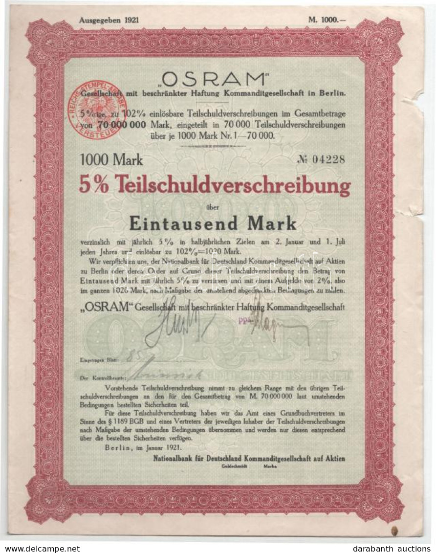 Német Birodalom / Berlin 1921. " 'OSRAM' Kft." Részkötvénye 1000M-ról Bélyegzéssel T:VF Szakadások / German Empire / Ber - Unclassified