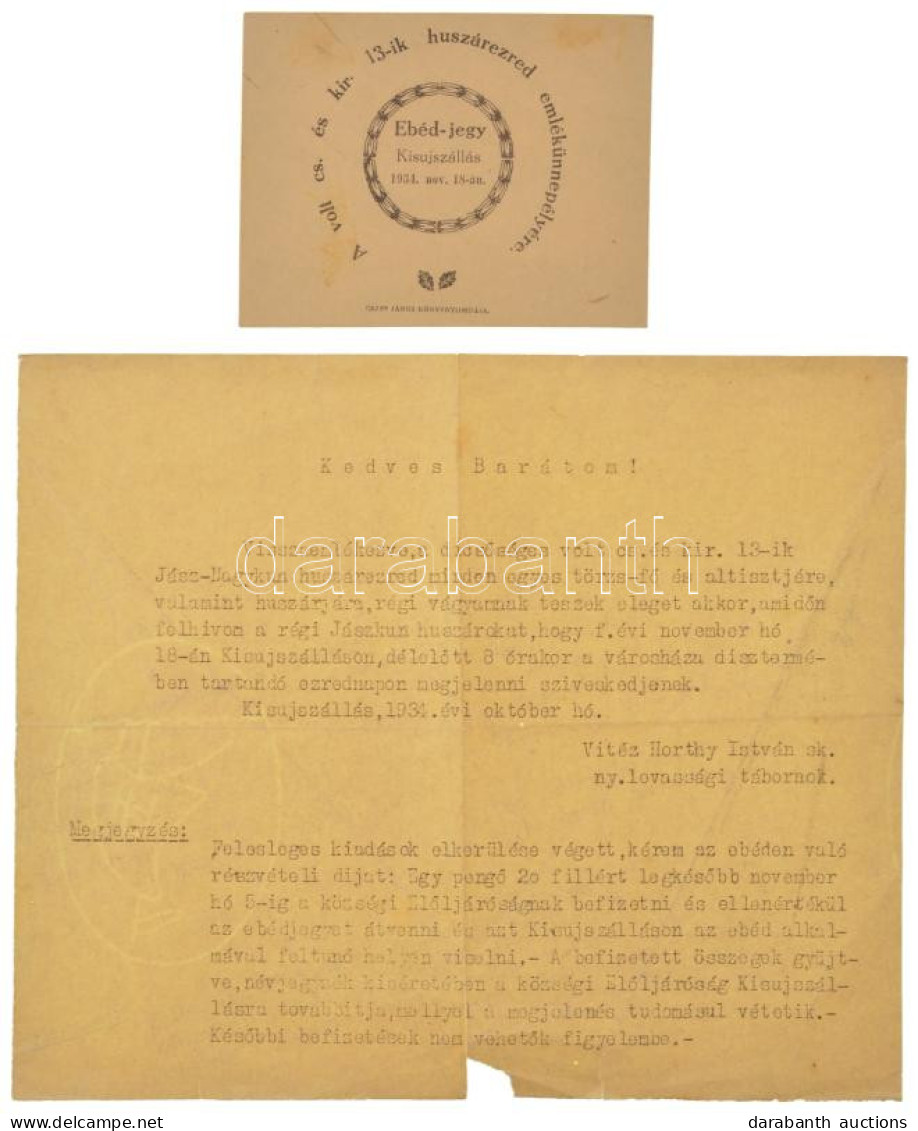 1934. "Ebéd-jegy Kisujszállás 1934. Nov. 18-án - A Volt Cs. és Kir. 13-ik Huszárezred Emlékünnepélyére" Mellette A 13-as - Unclassified