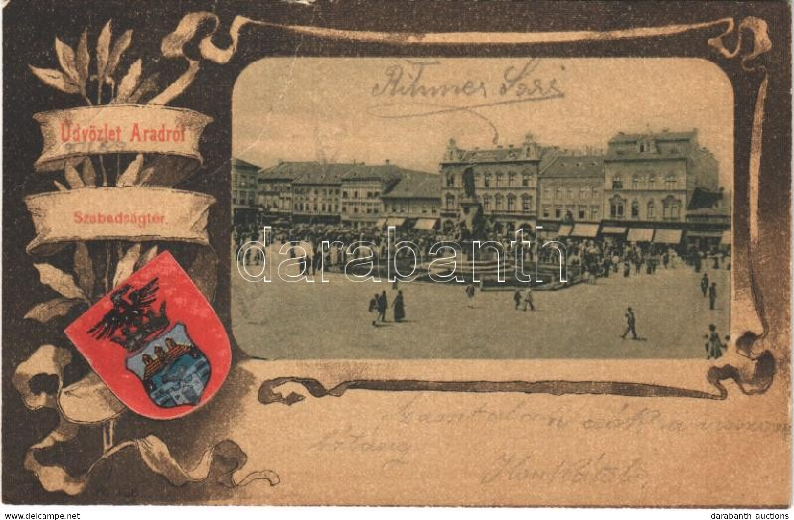 T3/T4 1902 Arad, Szabadság Tér, Piac, üzletek. Szecessziós Litho Keret Címerrel / Market Square, Shops. Art Nouveau Lith - Zonder Classificatie