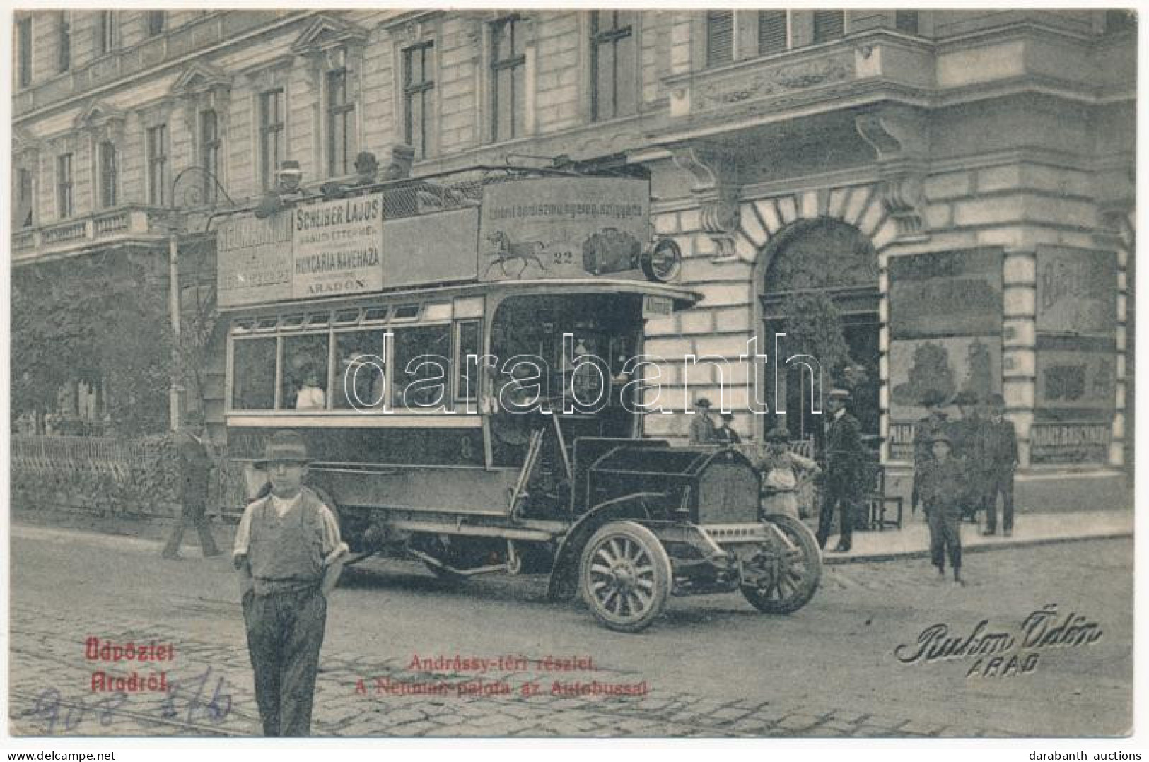 T2/T3 1908 Arad, Andrássy Tér, Neuman Palota, Autóbusz (rajta Scheiber Lajos Vasúti étterme és A Hungária Kávéház Reklám - Ohne Zuordnung