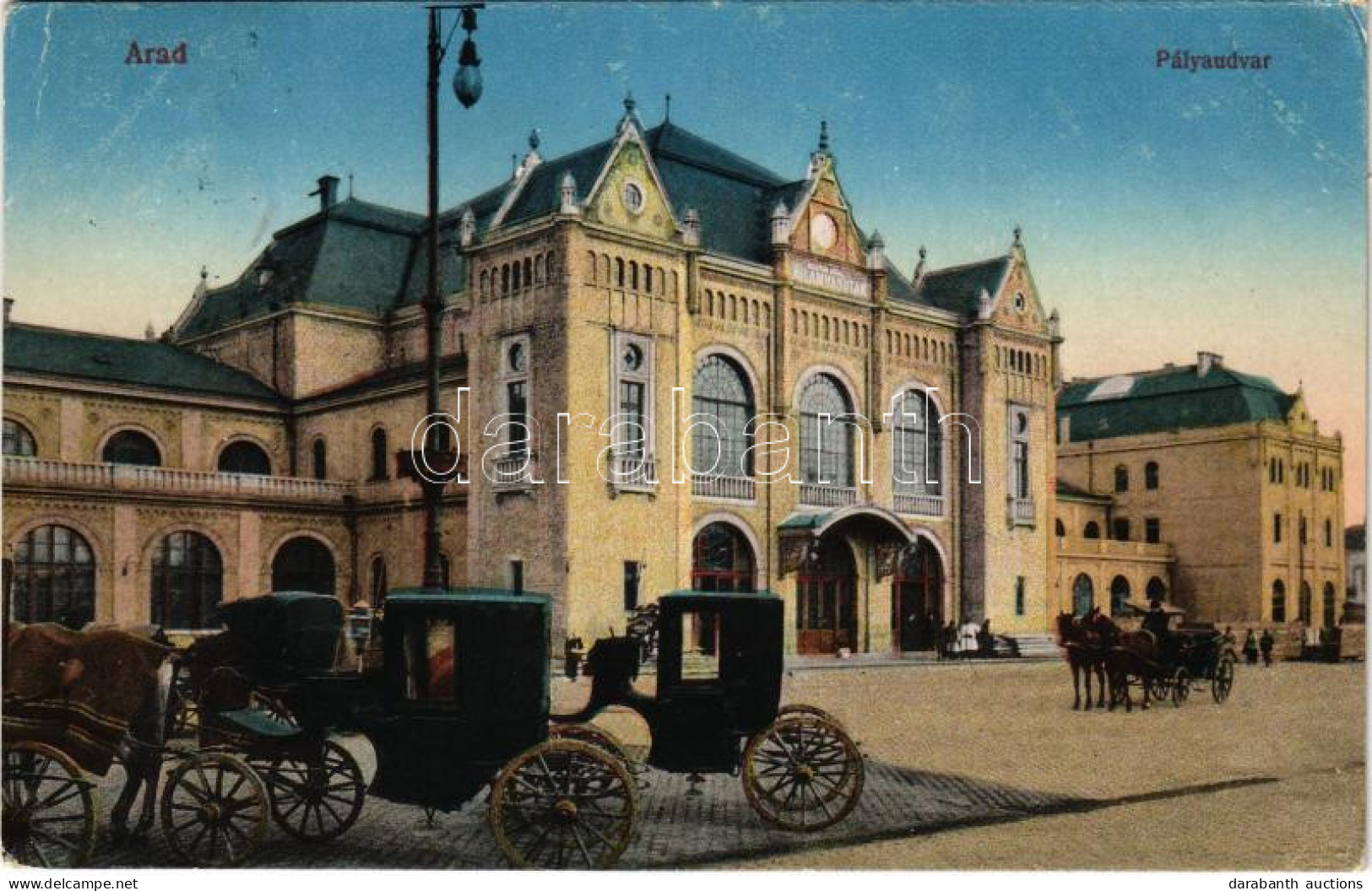 T2/T3 1917 Arad, Pályaudvar, Vasútállomás, Lovaskocsik. Kerpel Izsó Kiadása / Railway Station, Horse Chariots (EK) - Non Classificati