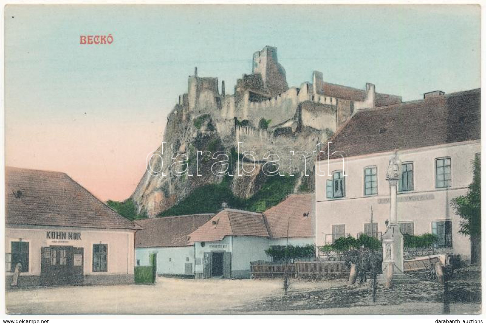 ** T1 Beckó, Beczkó, Beckov; Vár, Kohn Mór üzlete, Iskola. Bruck Gyula Felvétele és Kiadása / Hrad / Castle, Shop, Schoo - Unclassified