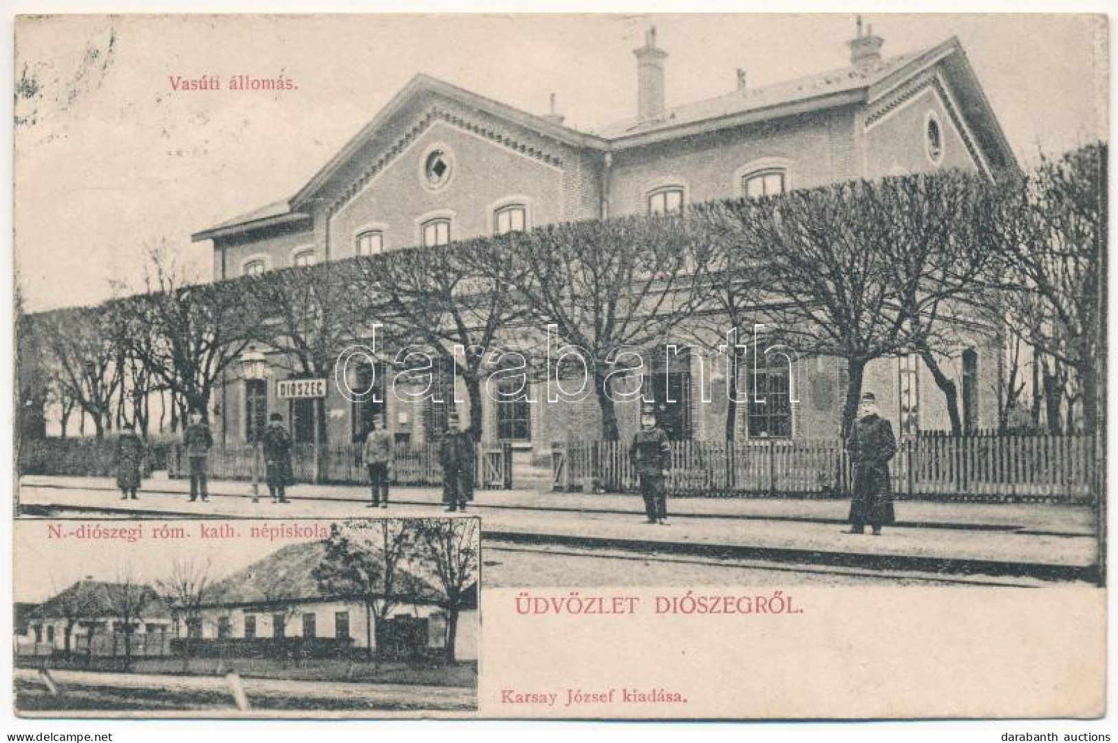 * T2/T3 Diószeg, Nagydiószeg, Sládkovicovo; Vasútállomás, Római Katolikus Népiskola. Karsay József Kiadása / Railway Sta - Non Classés