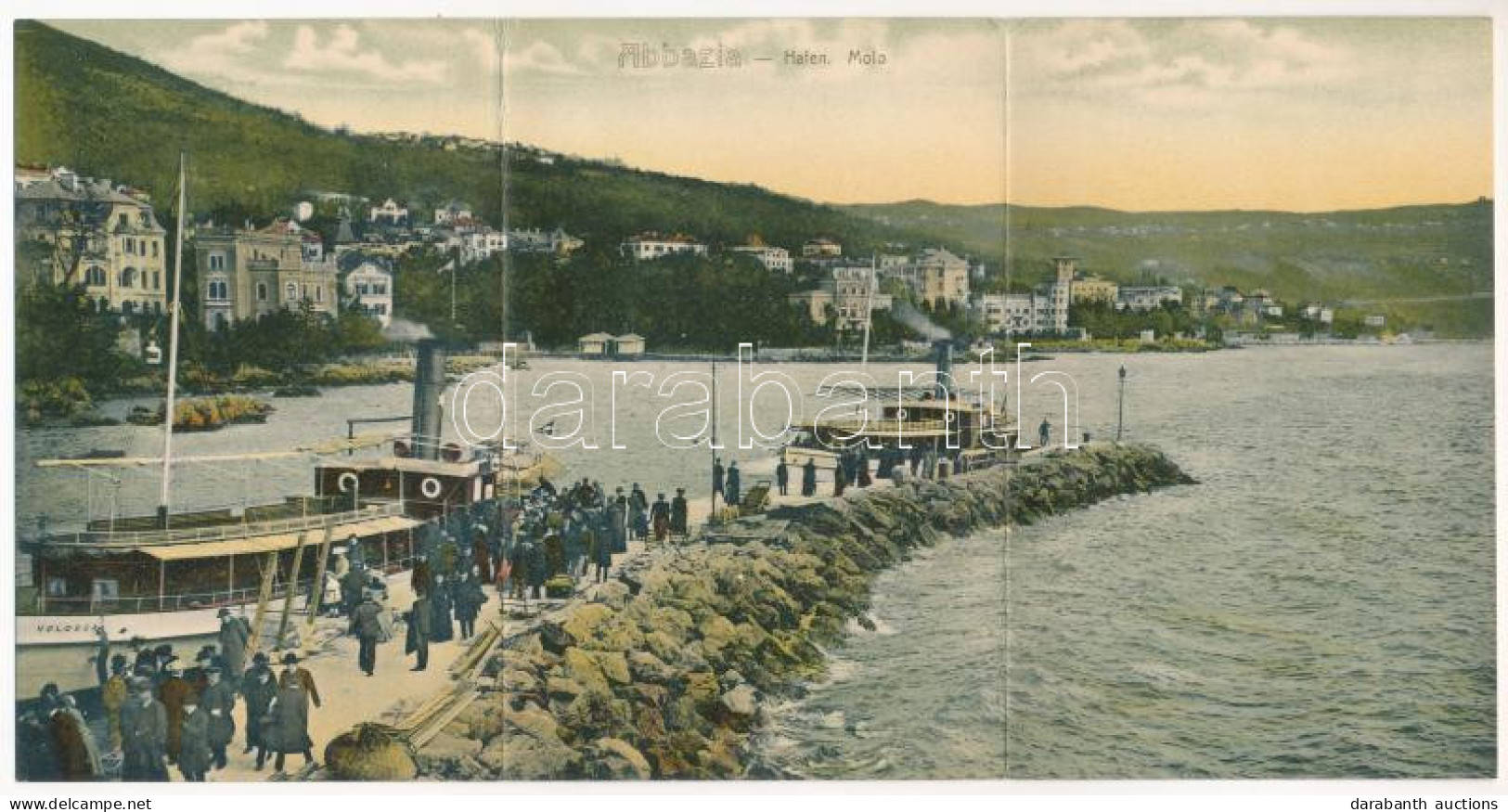 T2/T3 1907 Abbazia, Opatija; Hafen / Molo - 3-tiled Folding Panoramacard / Kikötő, "Volosca" Gőzös. 3-részes Kinyitható  - Unclassified