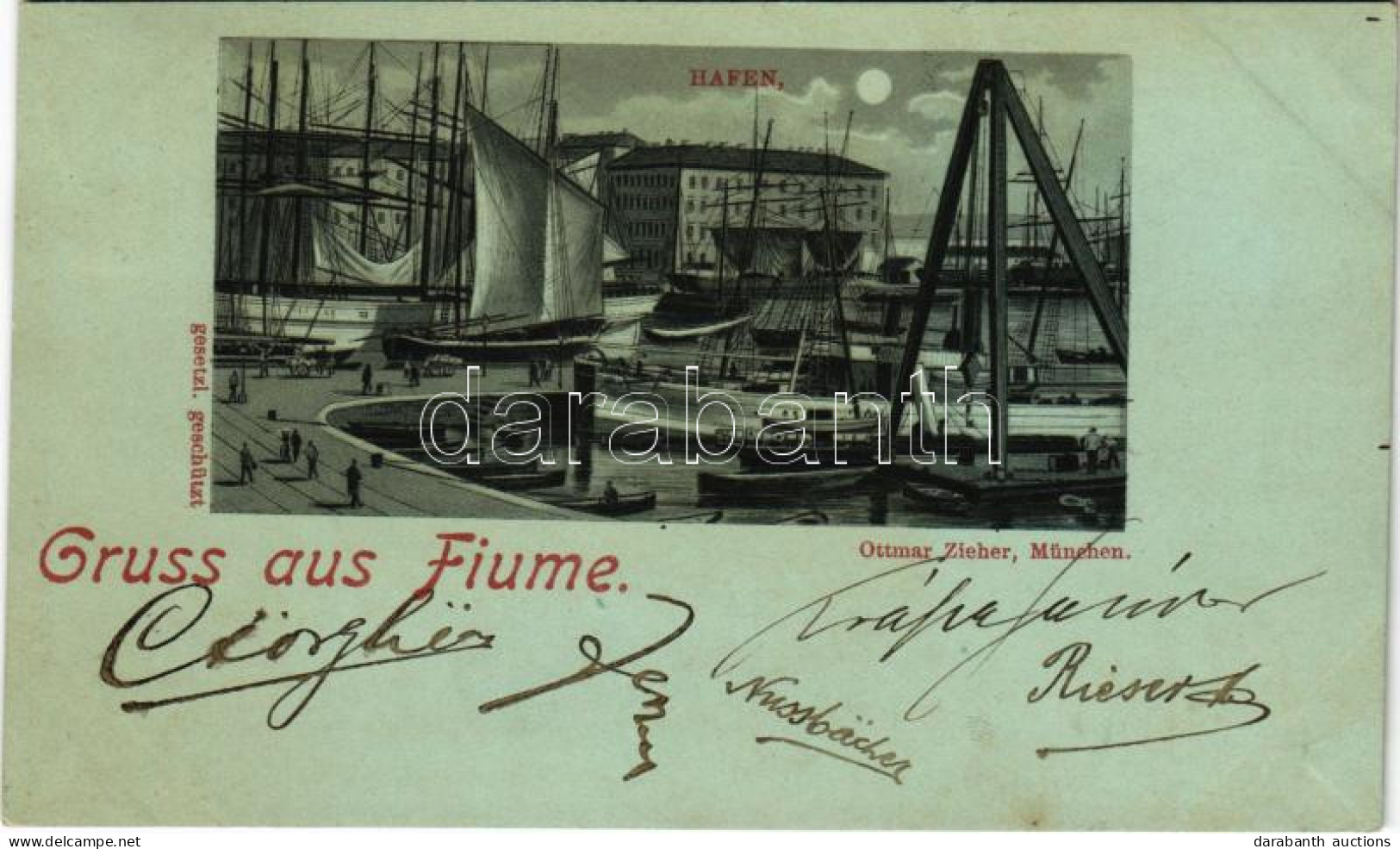 T2 1898 (Vorläufer) Fiume, Rijeka; Hafen / Port At Night. Ottmar Zieher Art Nouveau Litho (ferdén Vágva / Slant Cut) - Non Classificati