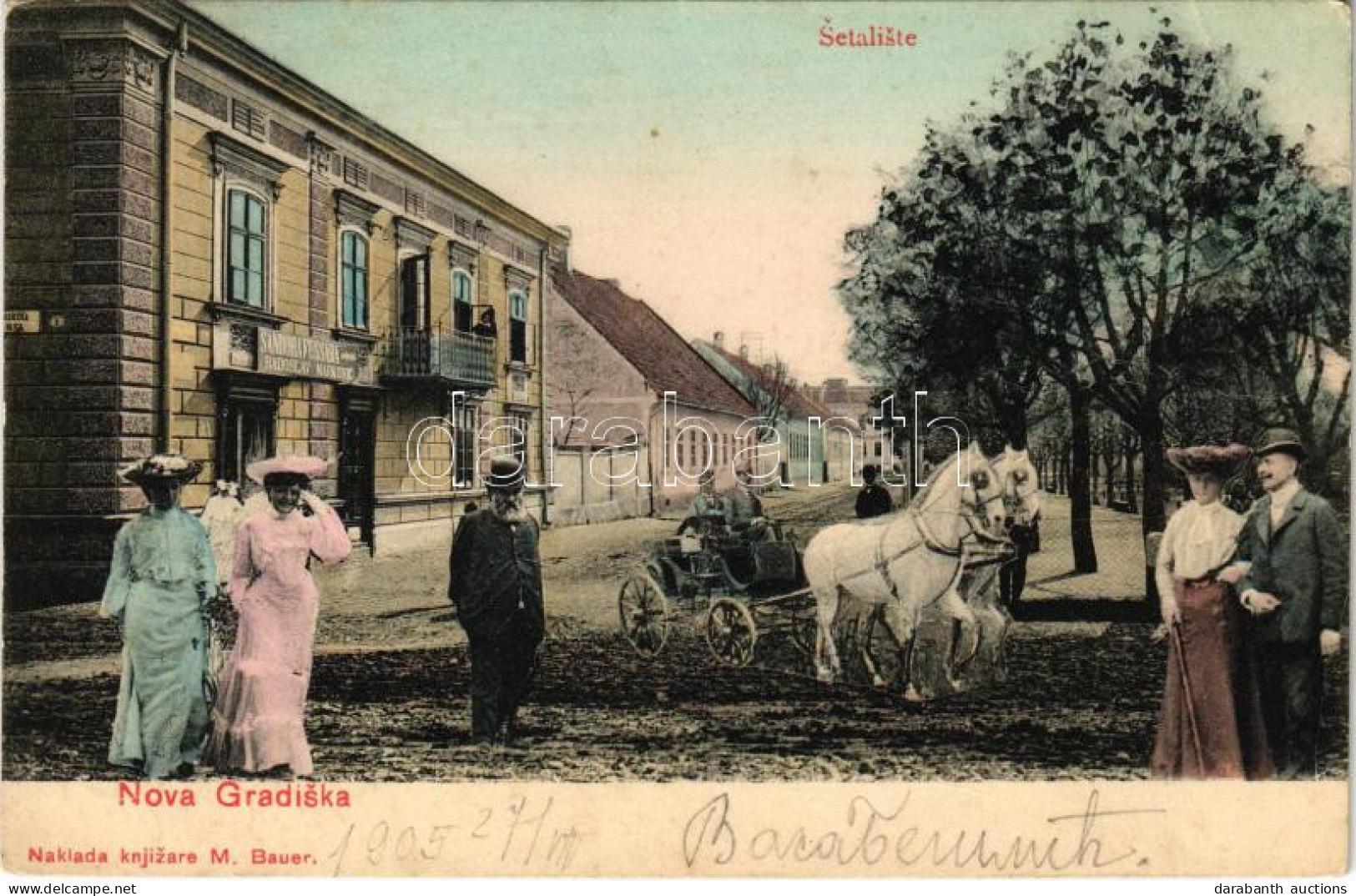 T3 1905 Újgradiska, Novagradiska, Nova Gradiska; Setaliste, Sandora Fussara Radoslav Markovic. M. Bauer / Sétány, üzlet. - Ohne Zuordnung