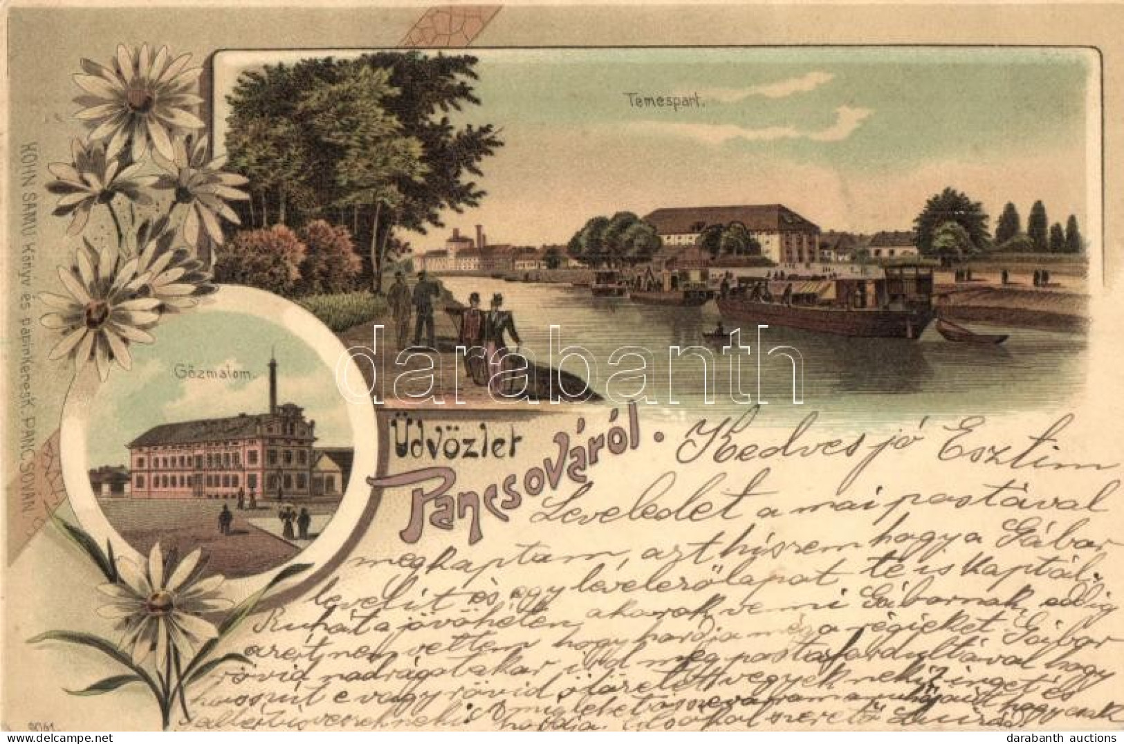 T2 1899 Pancsova, Pancevo; Temespart, Gőzmalom. Kohn Samu Kiadása / River Bank, Steam Mill. Floral, Art Nouveau, Litho - Unclassified