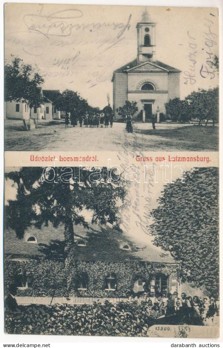 T2 1913 Locsmánd, Lutzmansburg; Evangélikus Templom, Huszár Frigyes üzlete és A Tulajdonos Levele / Shop, Lutheran Churc - Non Classificati