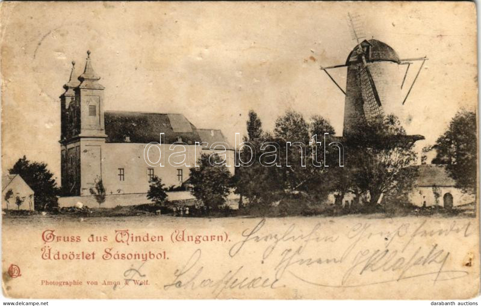 T3/T4 1900 Sásony, Windten, Winden Am See; Templom és Szélmalom. Amon & Wolf / Kirche Und Windmühle / Church And Winmill - Zonder Classificatie