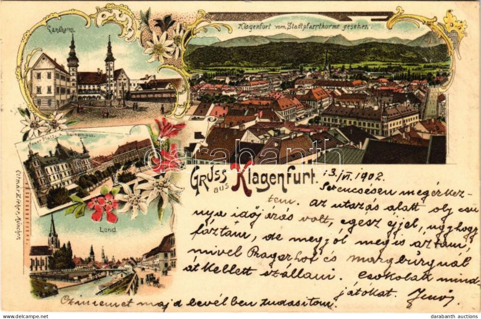 T2 1902 Klagenfurt, Landhaus, Lend, Neuer Platz Und Rainerhaus. Ottmar Zieher Art Nouveau, Floral, Litho - Sin Clasificación
