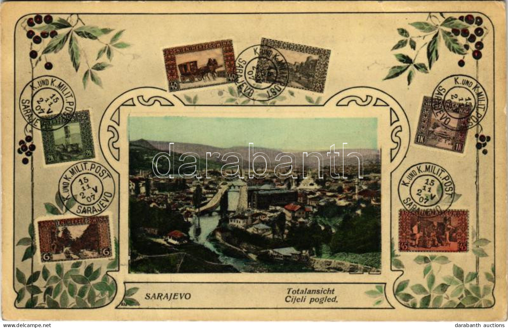 ** T1 Sarajevo, Cijeli Pogled. Simon Kattan 1908. Art Nouveau Montage With "1907 K.u.k. Milit. Post Sarajevo" Stamps - Non Classés