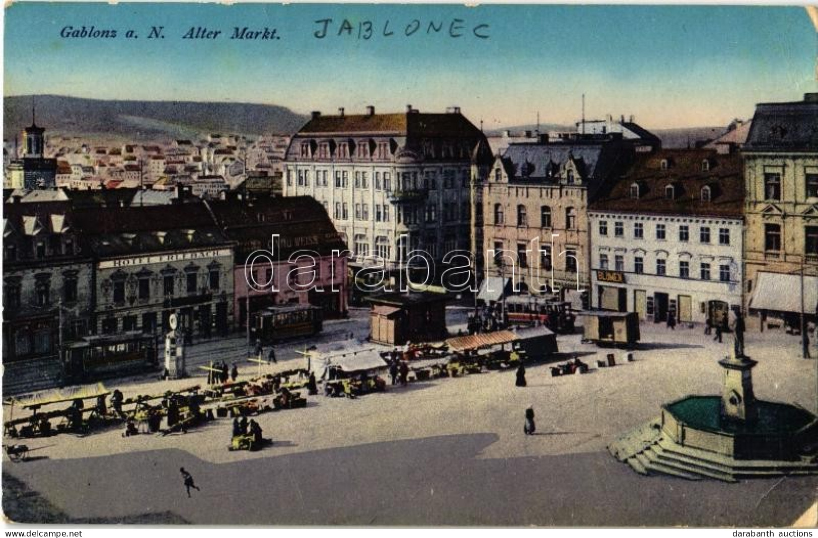 T2/T3 1914 Jablonec Nad Nisou, Gablonz; Alter Markt / Market, Trams, Hotel Erlebach, Shops Of Carls Weiss And Blumen (EK - Zonder Classificatie