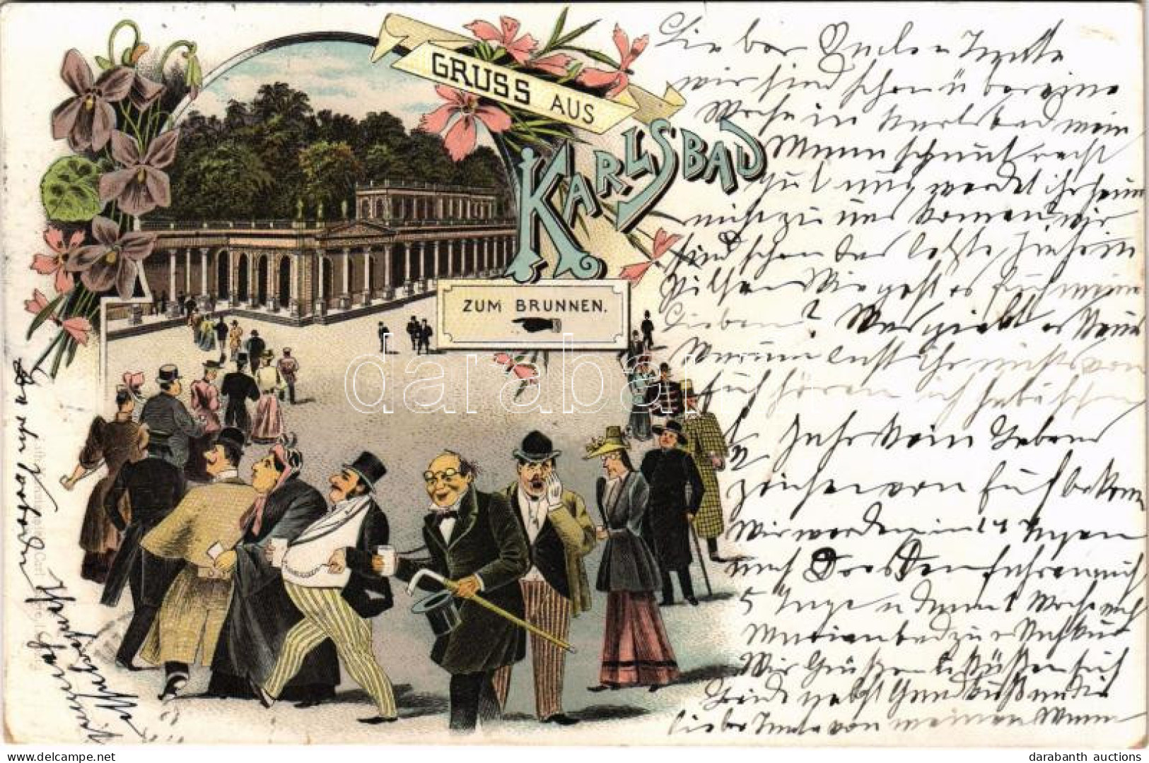 T3/T4 1899 (Vorläufer) Karlovy Vary, Karlsbad; Zum Brunnen / Jewish Spa Guests. Judaica Art Nouveau, Floral, Litho (r) - Zonder Classificatie